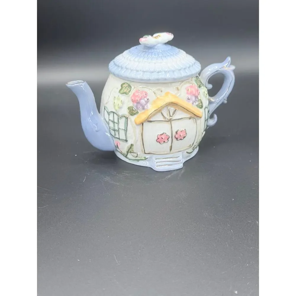 Vintage Cottage House Ceramic Teapot Blue Floral Raised Design 7 Inch